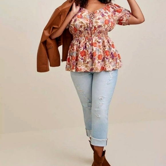 Torrid Georgette Floral Eyelet Smocked Boho Flouncy Milkmaid Coquette Blouse - Picture 3 of 14